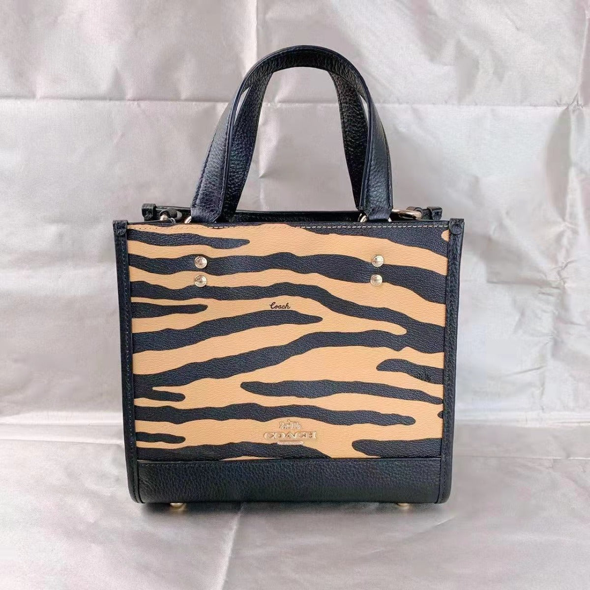 Coach C6988 Dempsey Tote 22 With Tiger Print In Honey/Black Multi Coach C6988 Dempsey Tote 22 With Tiger Print In Honey/Black Multi